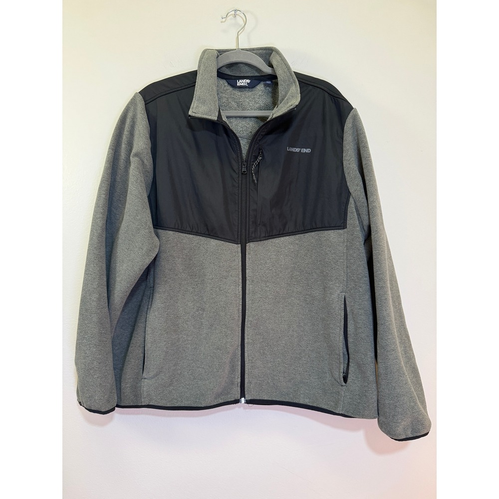 Lands End Fleece Jacket Mens XL Gray Black Full Zip Colorblock Gorpcore Camping